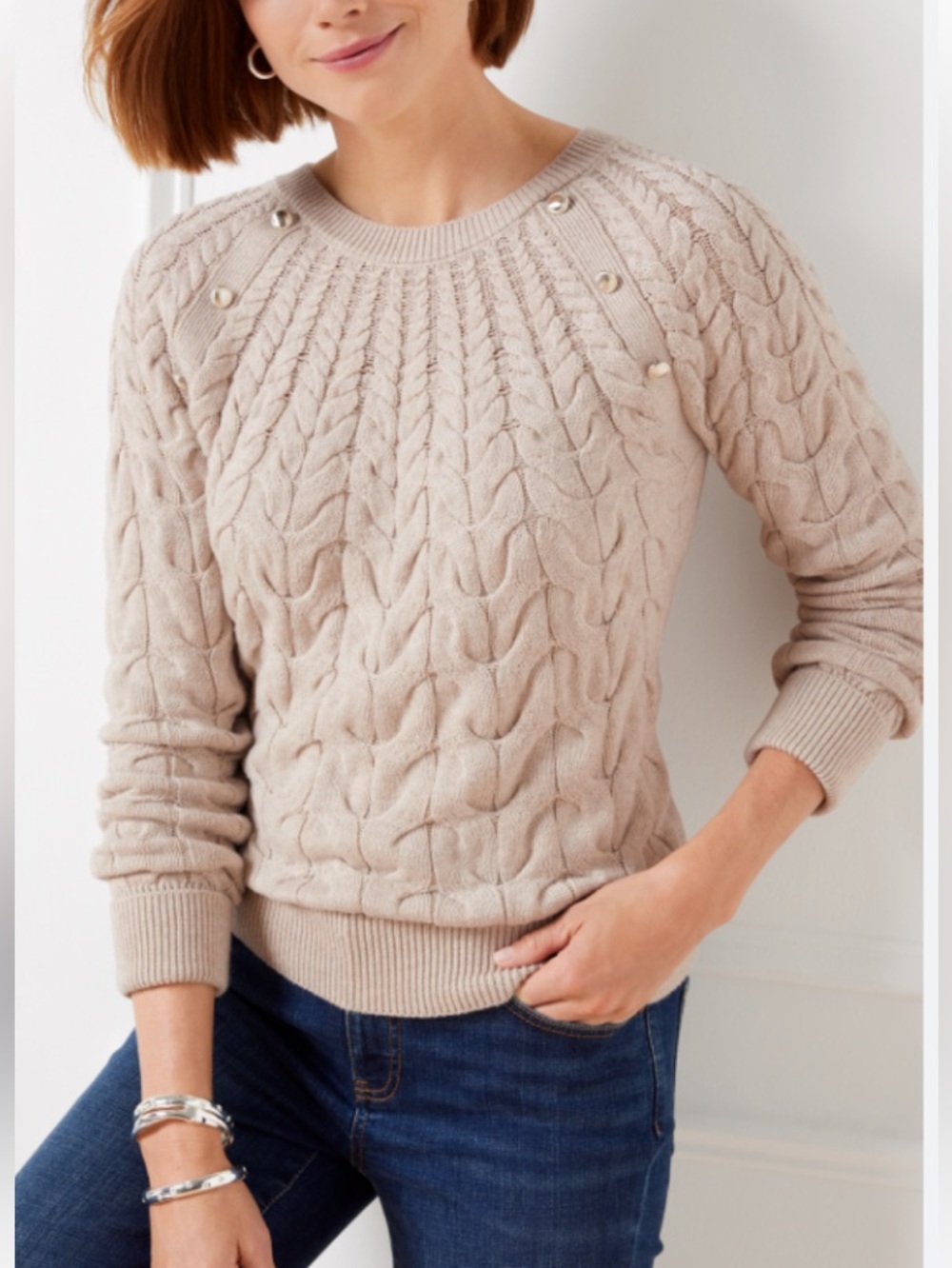 TALBOTS TIMELESS RAGLAN CABLE KNIT SWEATER TRANSITIONAL LAYERING SIZE LARGE NWOT